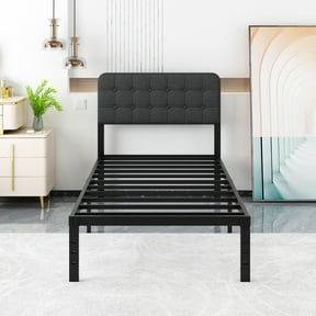 Maenizi Twin Bed Frames with Upholstered Headboard, 14 inch Twin Metal Platform Bed Frame, Steel Slat Support, Noise Free, No Box Spring Needed, Easy Assembly, Black