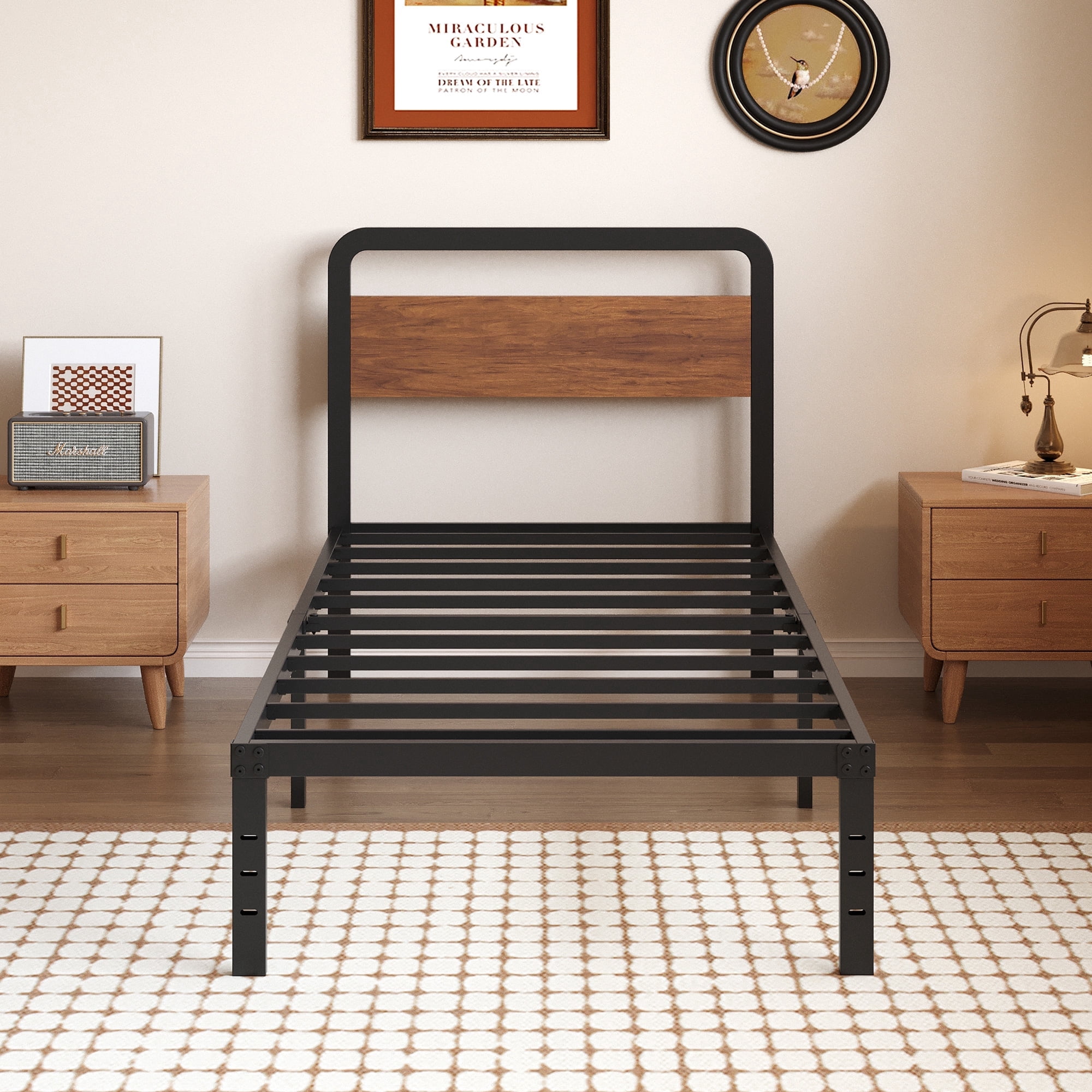 Maenizi Twin XL Bed Frame with Mahogany Wood Headboard, 12 Inch Heavy ...