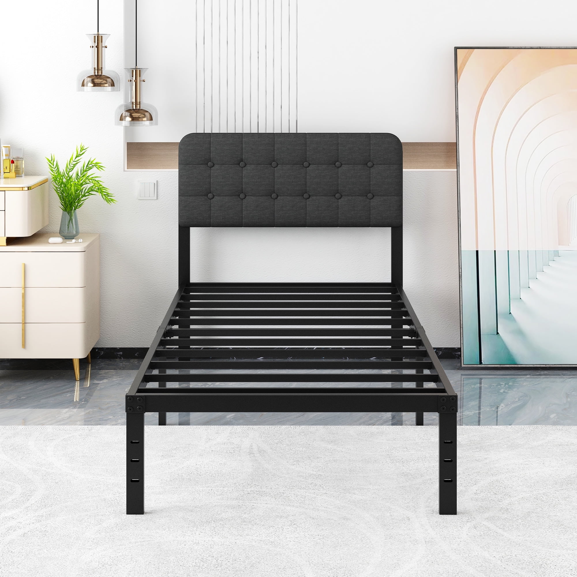 Maenizi, Twin XL Bed Frame, 18 inch Tall, Upholstered Headboard