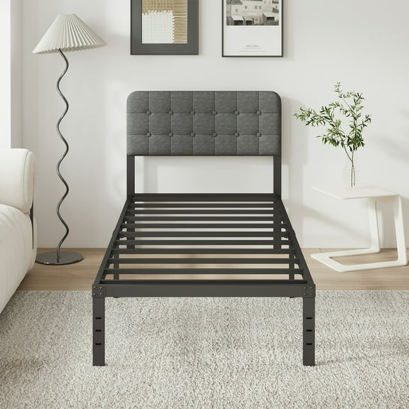 Maenizi Twin XL Bed Frames with Upholstered Headboard, 14 Inch Twin XL Metal Bed Frame No Box Spring Needed, Heavy Duty Metal Slats, Noise Free, Easy Assemble, Grey