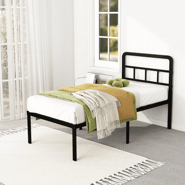 Maenizi 18 inch Twin XL Bed Frame with Headboard No Box Spring Needed Metal Platform Heavy Duty Steel Slat Mattress Foundation/Easy Assembly/Noise Free/Black