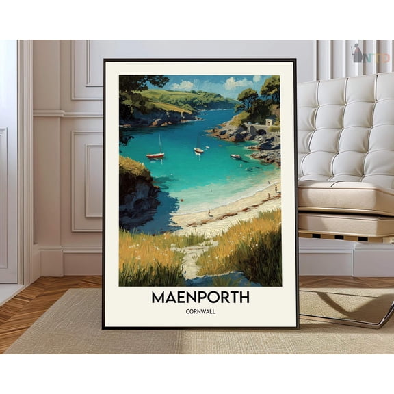 Maenporth Beach Cornwall Seaside Map Wall Art Peaceful Coastal Cove Print, Unframed Paper Poster 8x10in