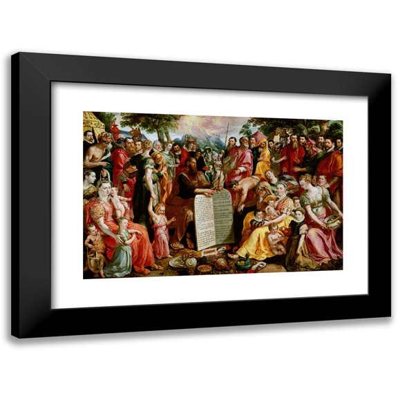 Maerten De Vos 18x13 Black Modern Framed Museum Art Print Titled - Moses Showing the Tablets of the Law to the Israelites with Portraits of Members of the Panhuys Family, Their Relatives and