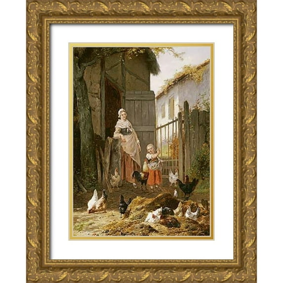 Maes, Eugene Remy 24x32 Gold Ornate Wood Framed with Double Matting Museum Art Print Titled - Feeding The Chickens