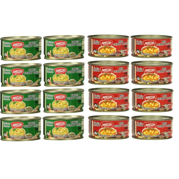 Maesri Thai Curry Paste (4oz), Red-Green (8 of each, total 16 cans)