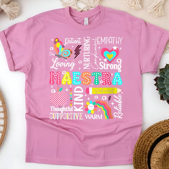 Maestra Bilingual Teacher T-Shirt, Colorful Inspirational Word Art, Unisex Tee, Azalea, Size 5XL
