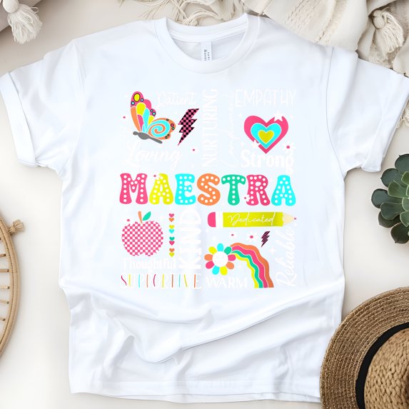 Maestra Bilingual Teacher T-Shirt, Colorful Inspirational Word Art, Unisex Tee, White, Size S