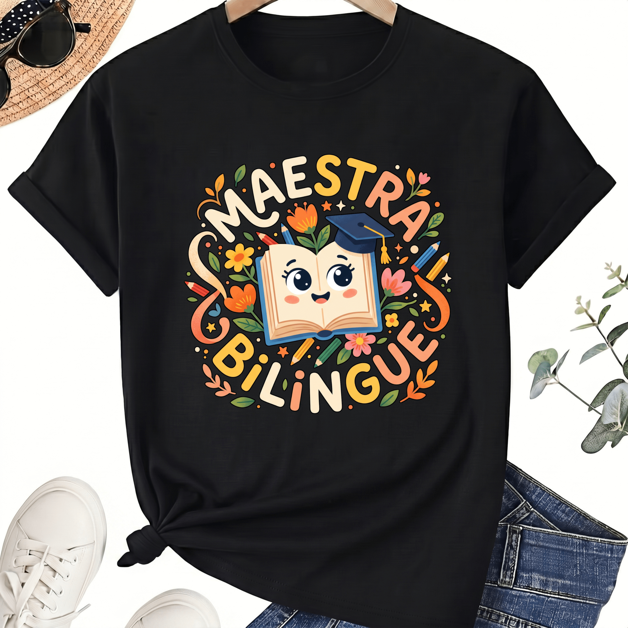 Maestra Bilingue Teacher T-Shirt for Women, 100% Cotton Crew Neck Short Sleeve Shirt, Spanish Classroom Design