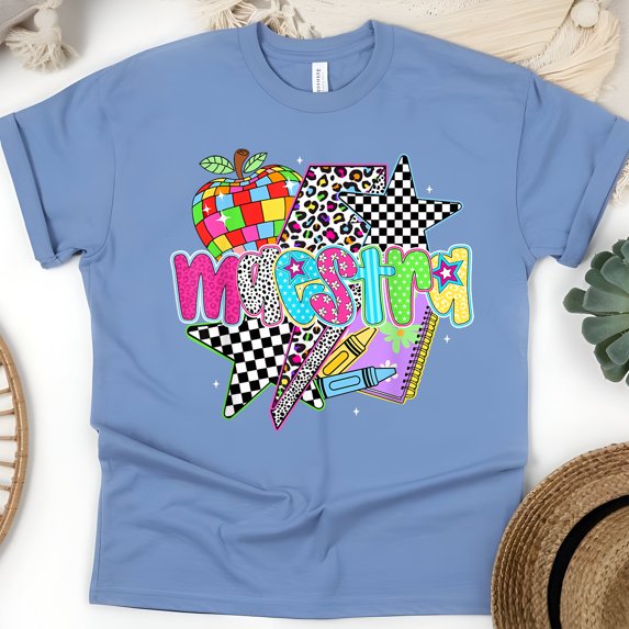 Maestra Pop Art Teacher T-Shirt, Retro Colorful Graphic Tee for Bilingual Educators, CarolinaBlue, Size L
