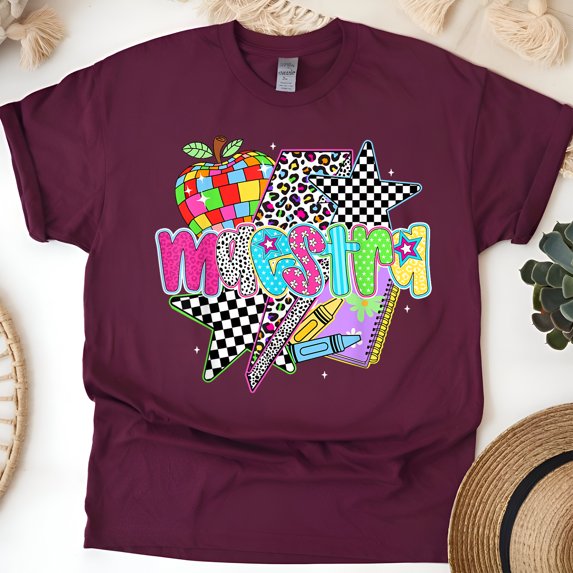 Maestra Pop Art Teacher T-Shirt, Retro Colorful Graphic Tee for Bilingual Educators, Maroon, Size 2XL