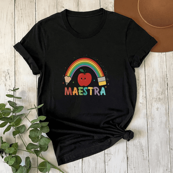 Maestra Rainbow Apple Cute Teacher School Appreciation Gift Unisex T-Shirt up to size 5XL