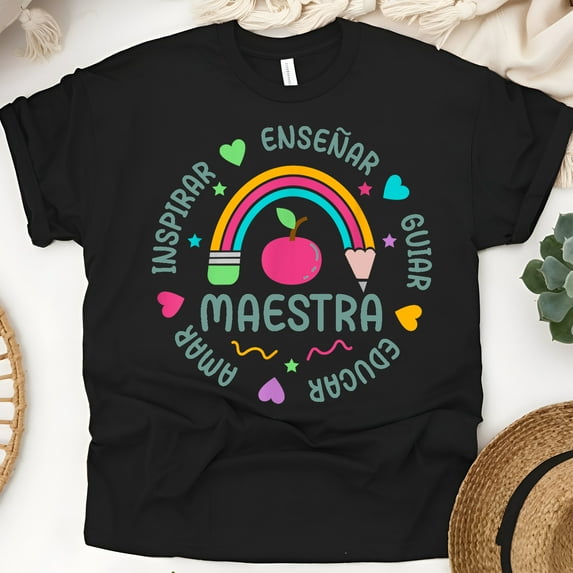 Maestra Rainbow Pencil T-Shirt, Spanish Teacher Gift Shirt, Black, Size L