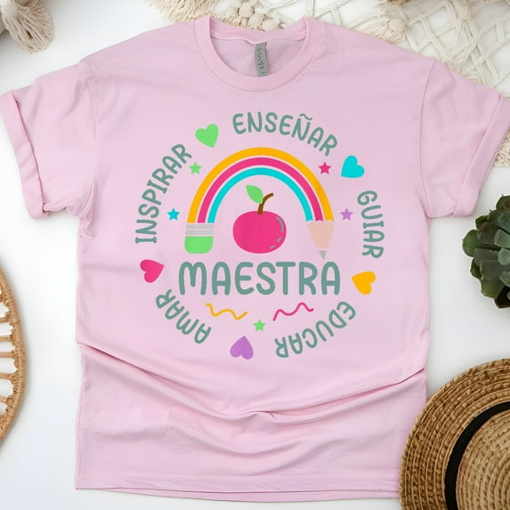 Maestra Rainbow Pencil T-Shirt, Spanish Teacher Gift Shirt, Light Pink, Size 2XL