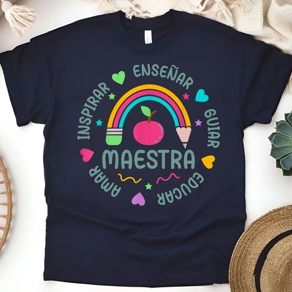 Maestra Rainbow Pencil T-Shirt, Spanish Teacher Gift Shirt, Navy, Size S