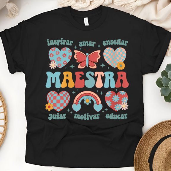 Maestra Spanish Teacher T-Shirt, Inspire Love Teach Motivate Design, Bilingual Retro Tee, Black, Size M