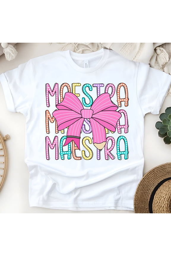 Maestra T-Shirt for Women, Cute Rainbow Pencil Teacher Tee with Pink Bow, White, Size M