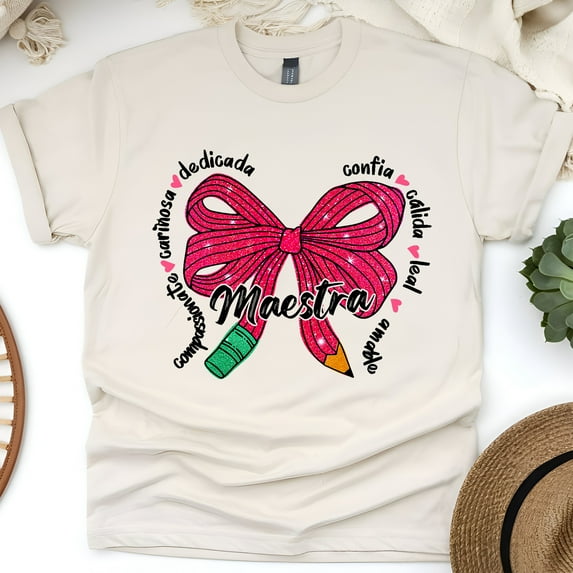 Maestra Teacher Shirt Cute Pink Bow Spanish Tee for Women, Dedicated Kind Gift, Natural, Size 3XL
