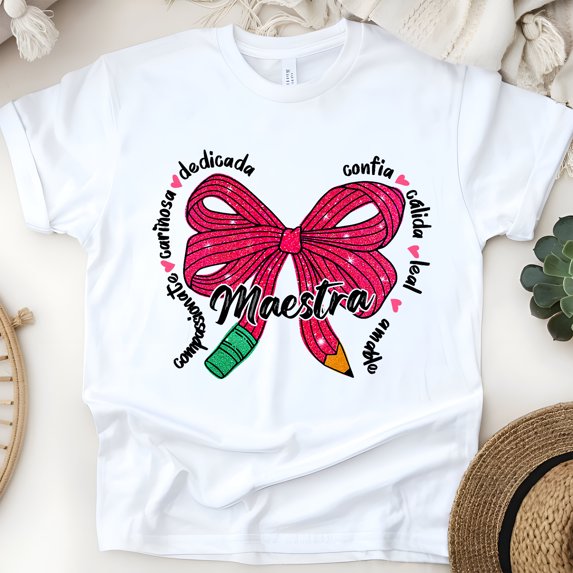 Maestra Teacher Shirt Cute Pink Bow Spanish Tee for Women, Dedicated Kind Gift, White, Size S