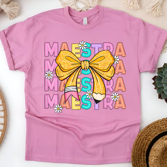 Maestra Teacher Shirt with Pencil Bow and Daisies, Spanish Educator Tee, Azalea, Size 5XL