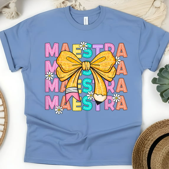 Maestra Teacher Shirt with Pencil Bow and Daisies, Spanish Educator Tee, CarolinaBlue, Size S