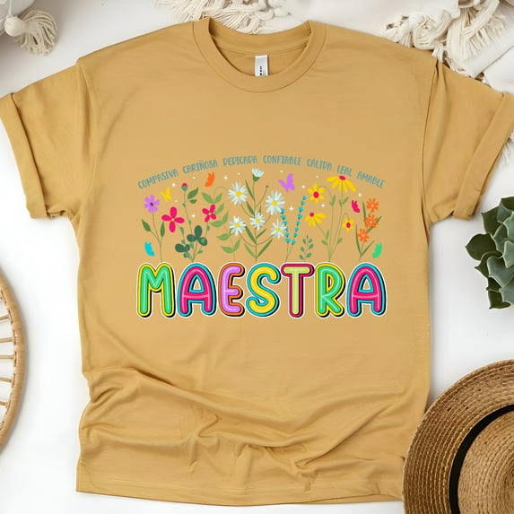 Maestra Teacher T-Shirt, Floral Spanish Traits Design, Bilingual Educator Gift Tee, Gold, Size M