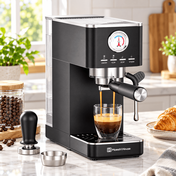 Maestri House Espresso Machine with Milk Frother, 20 Bar Italian ULKA Pump, 1.3L Water Tank for Cappuccino & Latte, Black