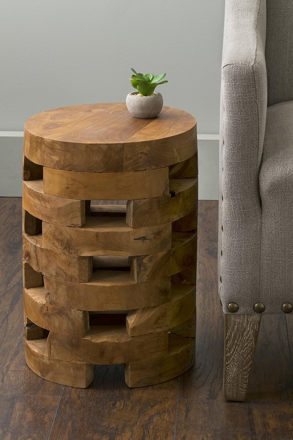 Natural Teak Wood Round Rustic Drum Accent Table