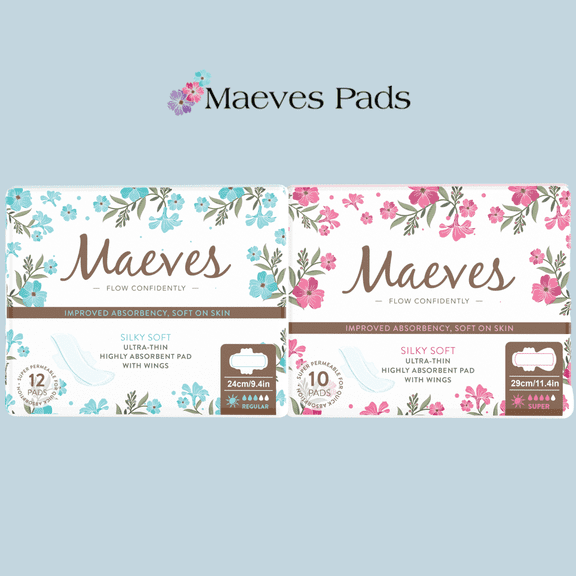 Maeve's Pads Ultra Thin Feminine Care, Maxi Sanitary Napkins with Wings for Regular, Super, Heavy Flow - 22 Count