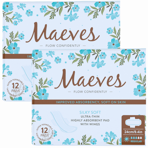Maeves Ultra Thin Light to Moderate Absorbency Sanitary Pads 24 Count(2 Packs of 12)
