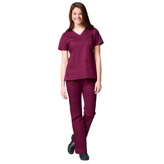 Maevn BLOSSOM Mock Wrap Top & Multi Pocket Flare Leg Scrub Pant Set