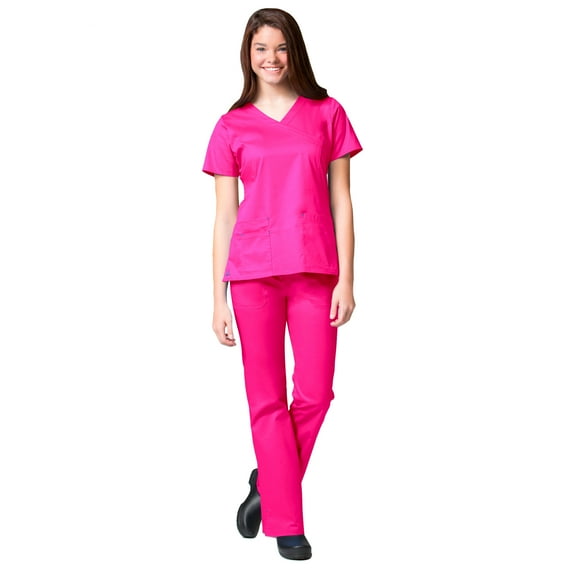 Maevn BLOSSOM Mock Wrap Top & Multi Pocket Flare Leg Scrub Pant Set