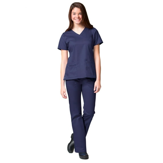 Maevn BLOSSOM Mock Wrap Top & Multi Pocket Flare Leg Scrub Pant Set