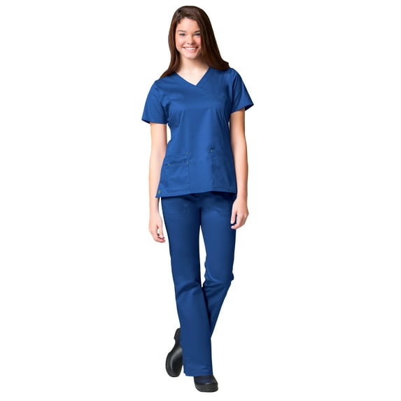 Maevn BLOSSOM Mock Wrap Top & Multi Pocket Flare Leg Scrub Pant Set
