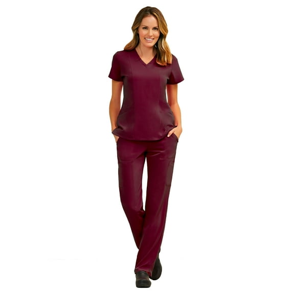 Maevn Pure Women's 3 Panel V-Nect Top & Relaxed-Fit Elastic Drawstring Cargo Pant Scrub Set