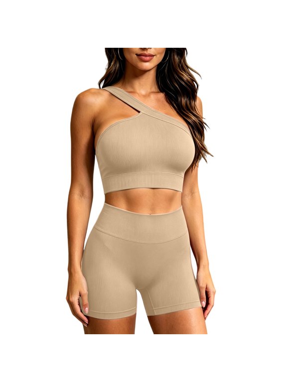 Biker Shorts Set for Women 2 Piece Workout Set Yoga One Shoulder Bra Tank Tops Stretchy Pilate Gym Clothes, Beige