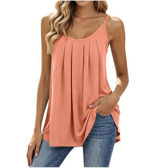 Flowy Tank Tops for Women Plus Size Pleated Camisoles Spaghetti Strap Scoop Neck Shirts Base Layers Pink 5XL