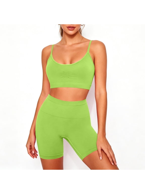 Womens 2 Piece Workout Sets Sports Bra Camisole Tops Biker Shorts Athletic Yoga Gym Outfits Set, Green, M