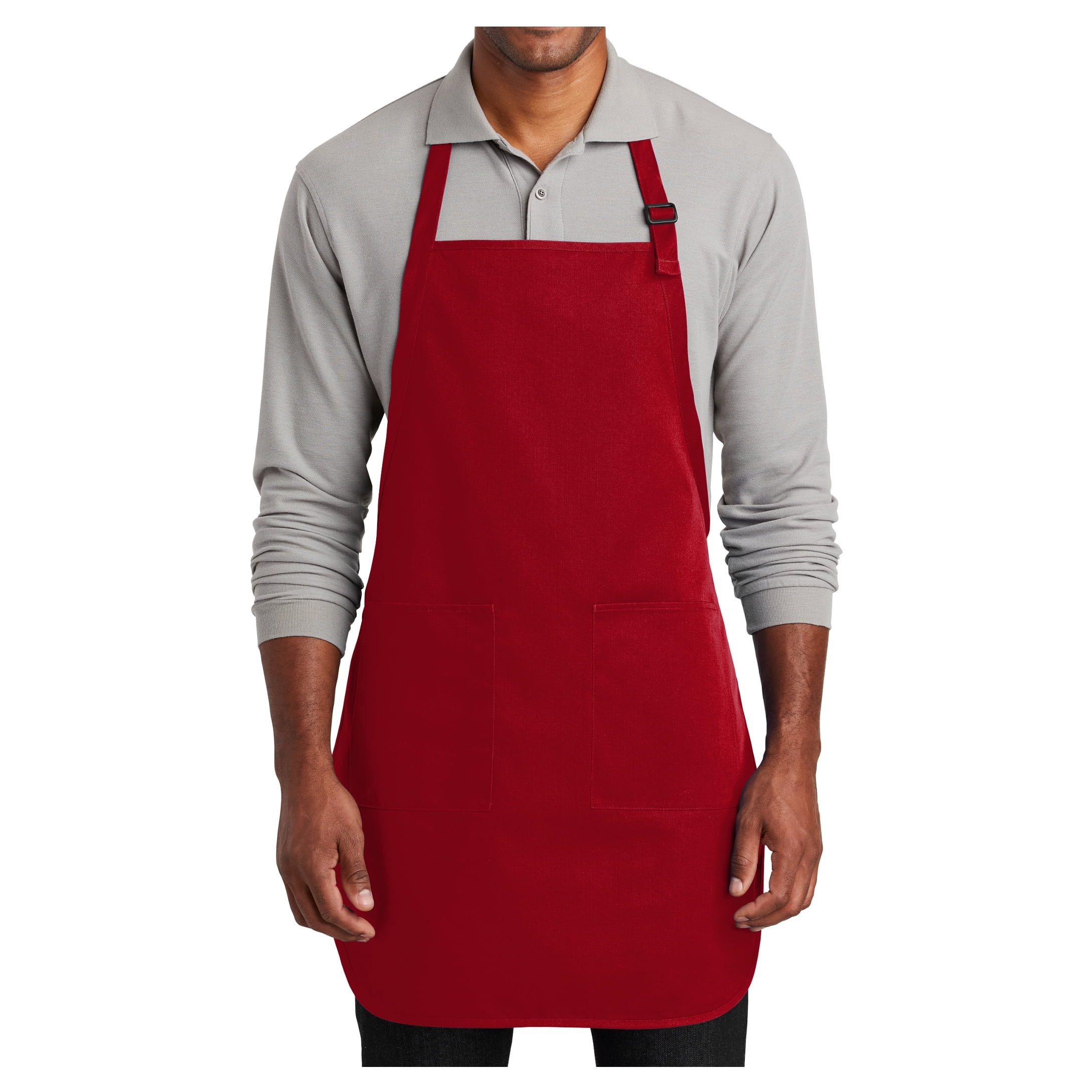 Men's Red Full-Length Poly/Cotton Bib Apron with Pockets
