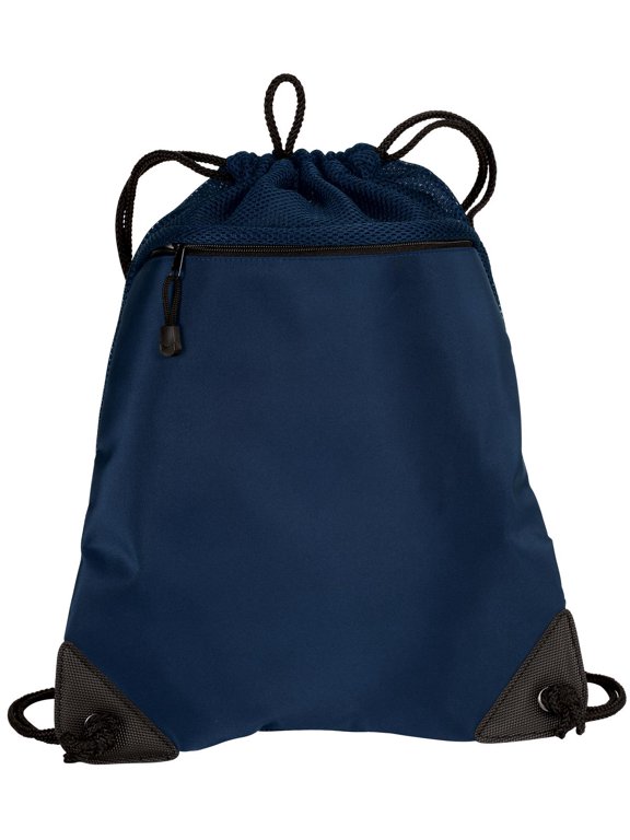 Black Drawcord Zipper Cinch Pack with Mesh Trim Navy