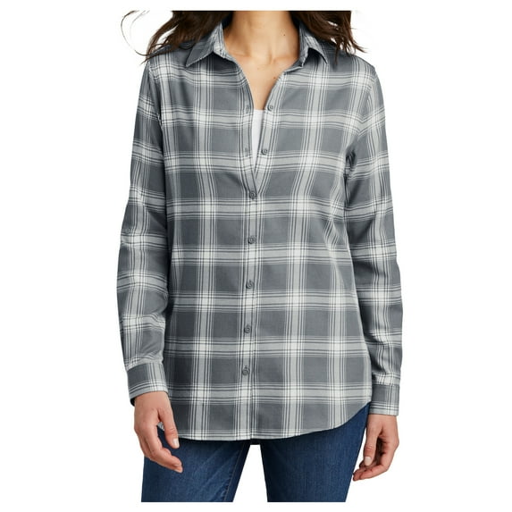 Mafoose Flannel Shirts For Women Plaid Jackets Long Sleeve Button Down Grey/ Cream Open Plaid 3XL