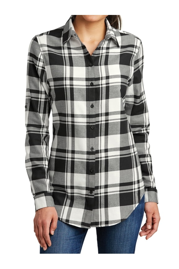 Flannel Shirts For Women Plaid Jackets Long Sleeve Button Down Snow White/ Black X-Large