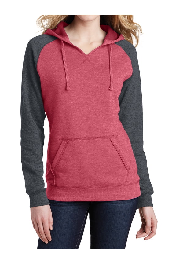 Women's Juniors Lightweight Fleece Raglan Hoodie Heathered Red/ Heathered Charcoal Medium