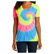 Mafoose Women's Tie-Dye V-Neck Cotton T-Shirt Neon Rainbow X-Small