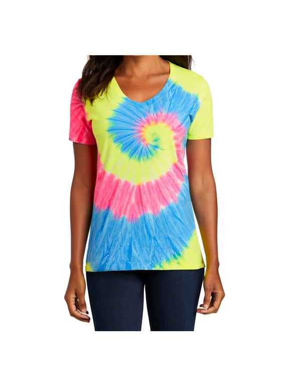 Women's Tie-Dye V-Neck Cotton T-Shirt Neon Rainbow X-Small