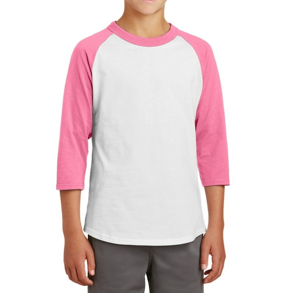 Mafoose Youth 3/4 Sleeves Colorblock Raglan Baseball Soft Jersey White/ Bright Pink YT200 XL