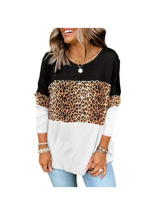 Womens Boho Shirts Ruffle 3/4 Sleeve Crew Neck Blouse Leopard Floral Print  Patchwork Tunic Tops Plus Size Summer Hippie Clothing