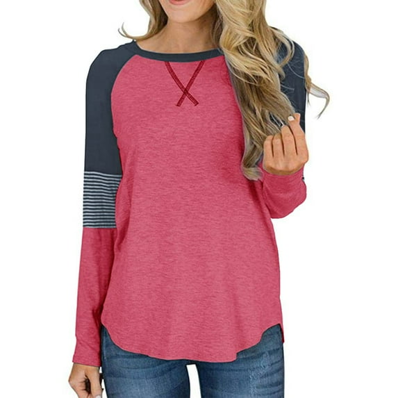Mafulus Womens Long Sleeve T-Shirts Color Block Striped Causal Round Neck Tunic Tops Blouse