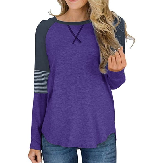 Mafulus Womens Long Sleeve T-Shirts Color Block Striped Causal Round Neck Tunic Tops Blouse