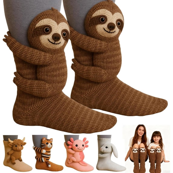 Chaussettes Animaux 3D Tricotées Main - Coton Double Couche, Motifs Mignons (paresseux, Panda, Licorne...), Taille Unique