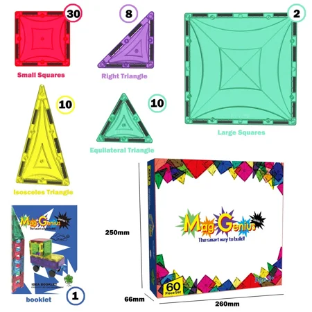Mag-Genius Building Magnet Tiles Blocks Clear Colors 3D Brain Building Blocks Magnet Toy Set of 60 Pieces